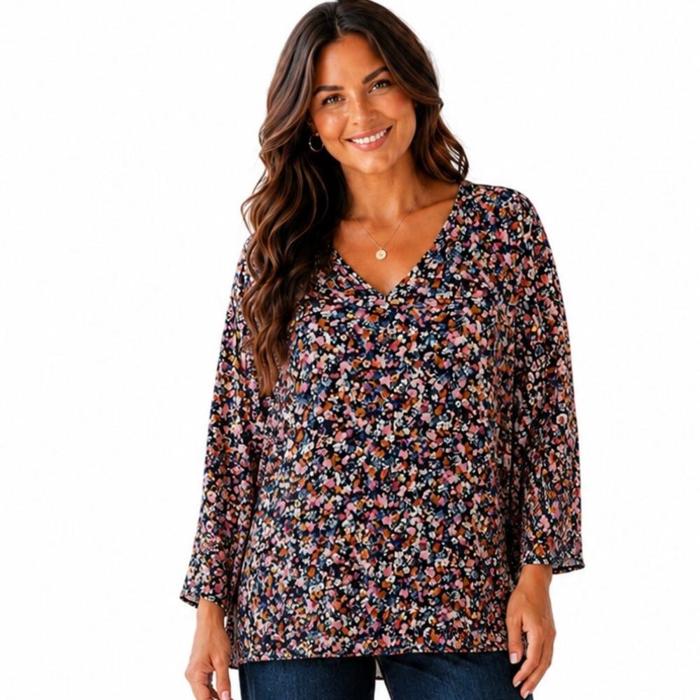J. Jill Multicolor Ditsy Floral Top Womens Large W/ Crochet Inset Casual Blouse